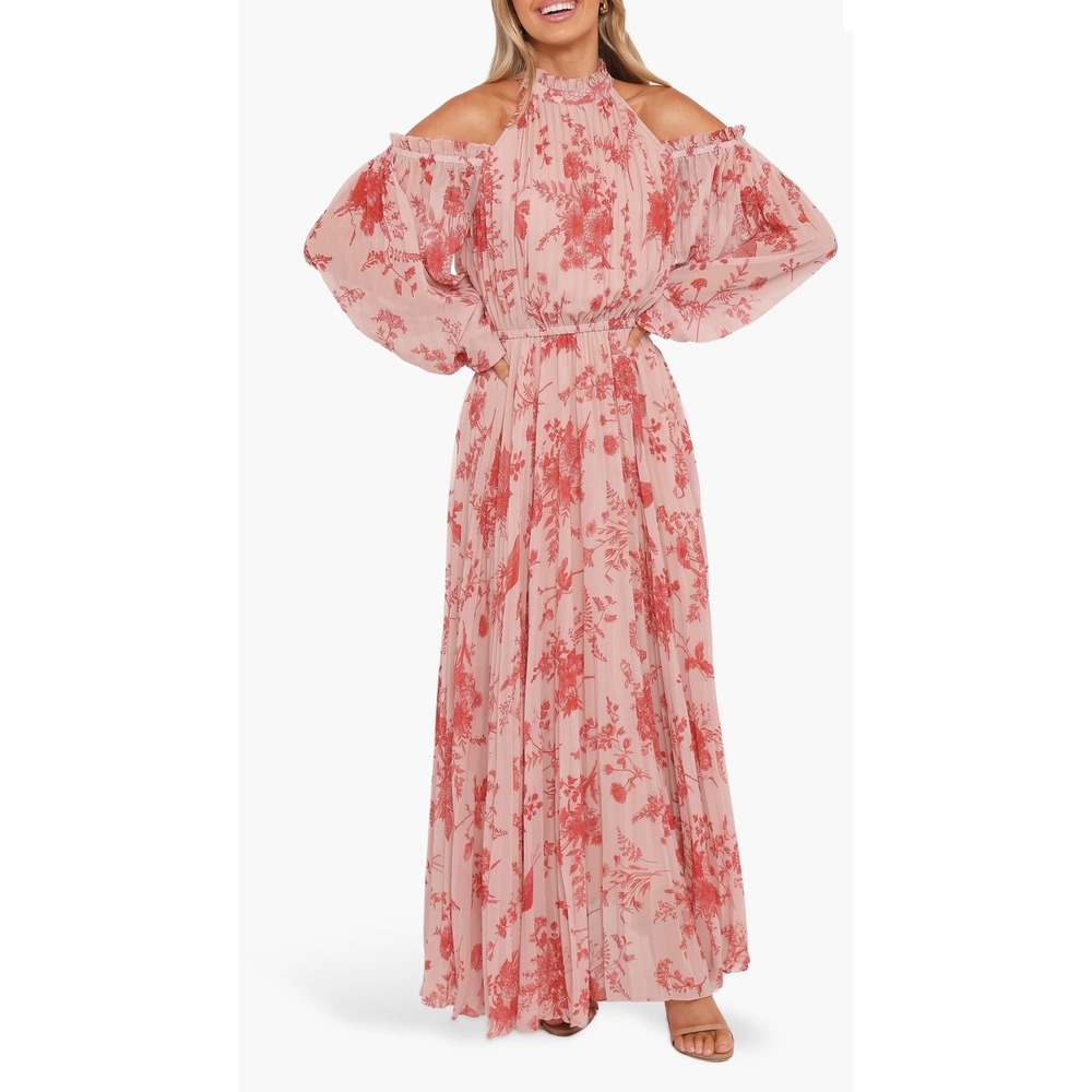 Petal & Pup Pink Red Floral Pleated Cold Shoulder Halter Maxi Dress Size L NWT